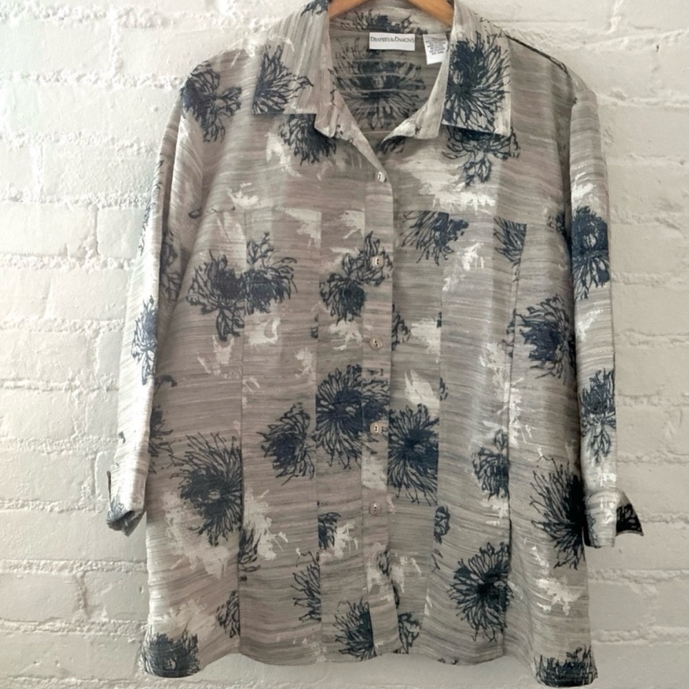 Drapers & Damons Button Front Shirt Blue Taupe Floral Print Career Casual XL New